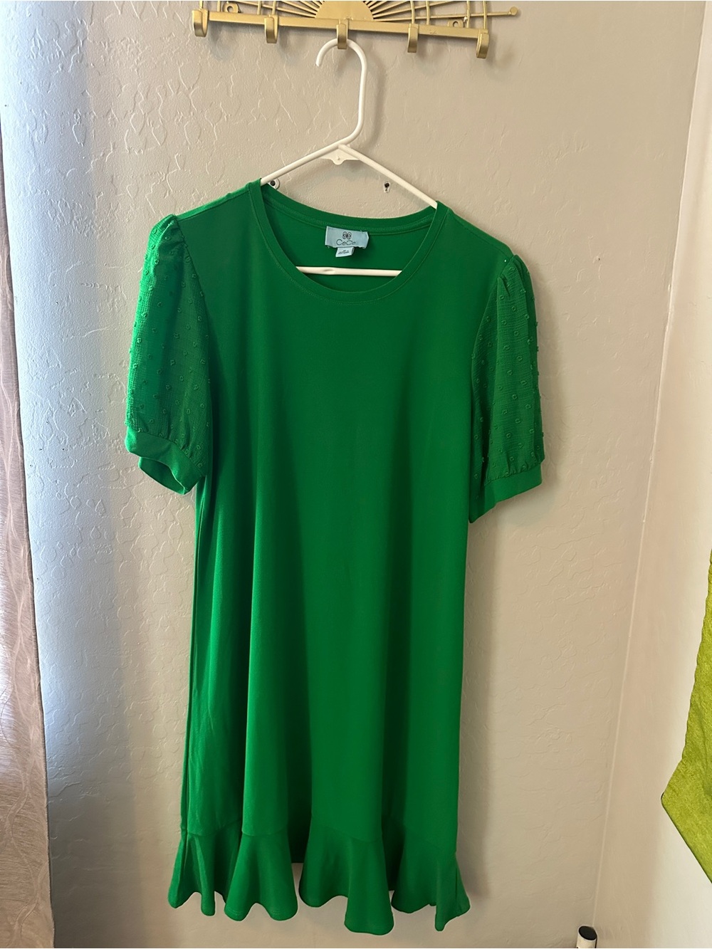 CeCe Bright Green Puff Sleeve Ruffle-Hem Mini Dress